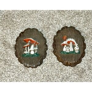 Vintage Homco Mushroom Wall Art Set Faux Wood Oval Textured Hanging Decor